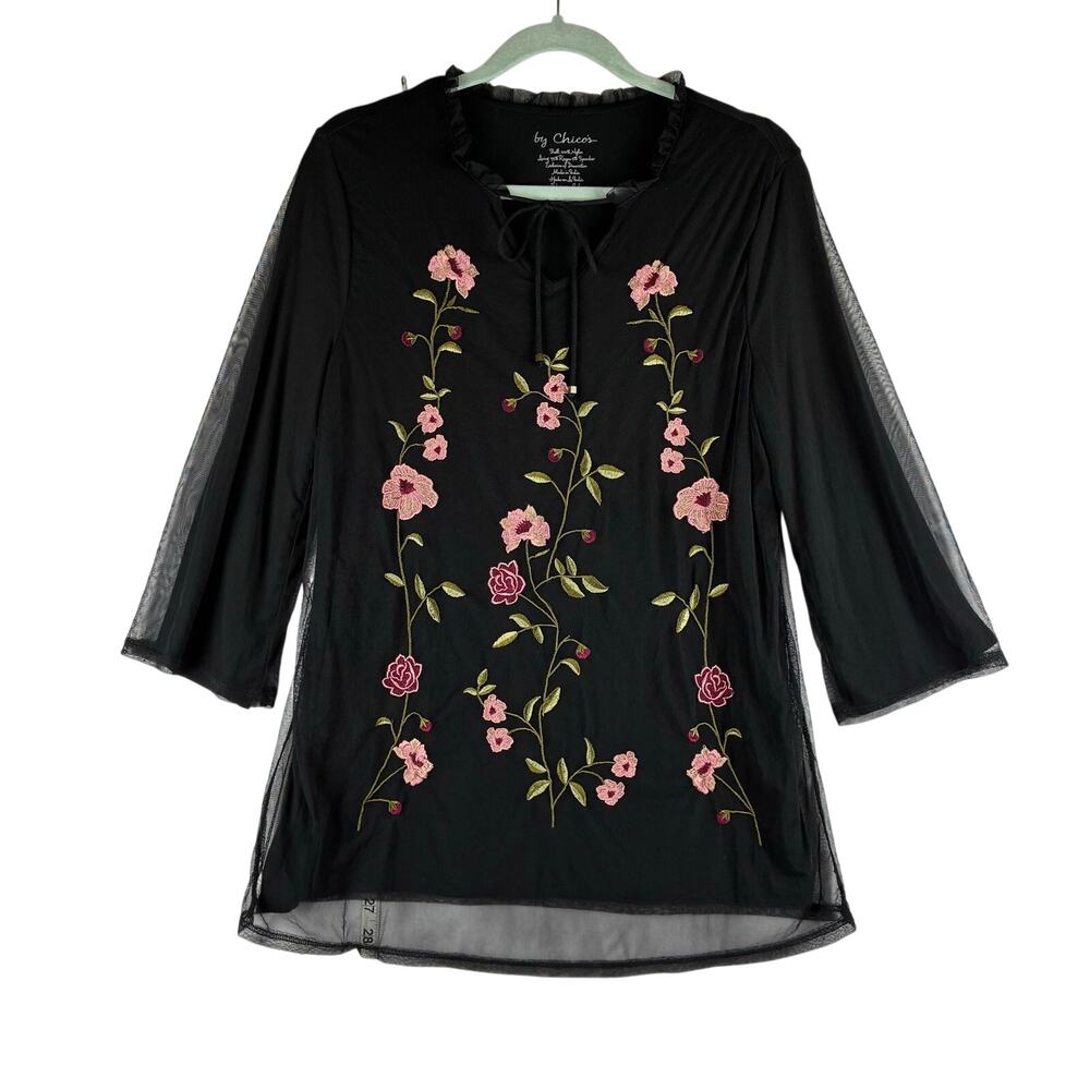 Chico's Sheer Mesh Overlay Tunic Top Women’s 0/Small Floral Embroidered Black
